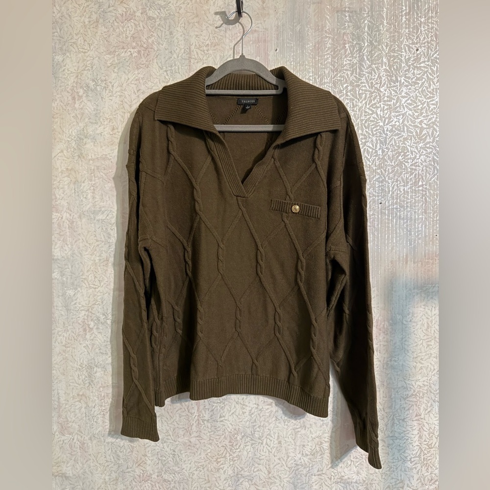 Talbots V-Neck‎ Sweater In Dark Olive with Button Accent, Cotton Blend, Sz Lg